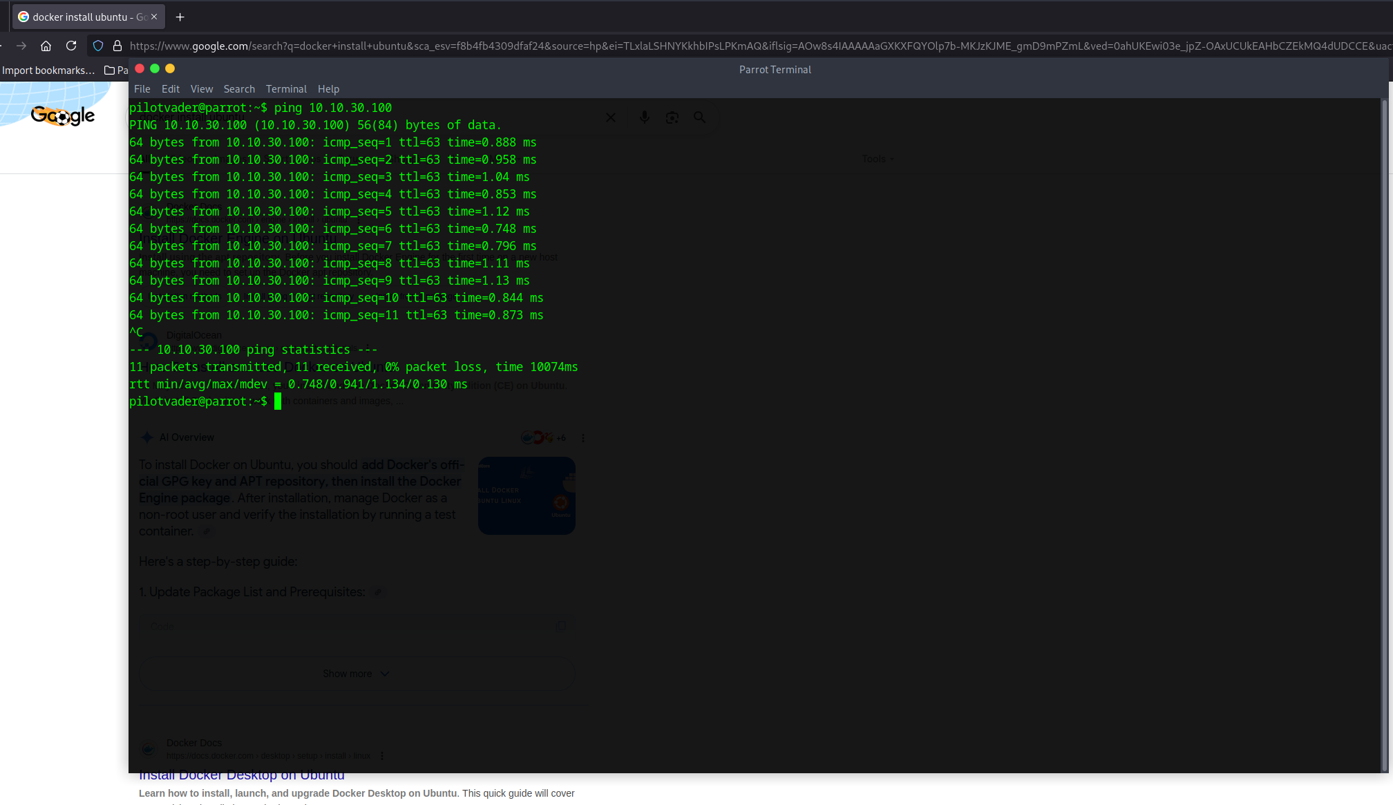 Pinging ubuntu server from my parrot OS